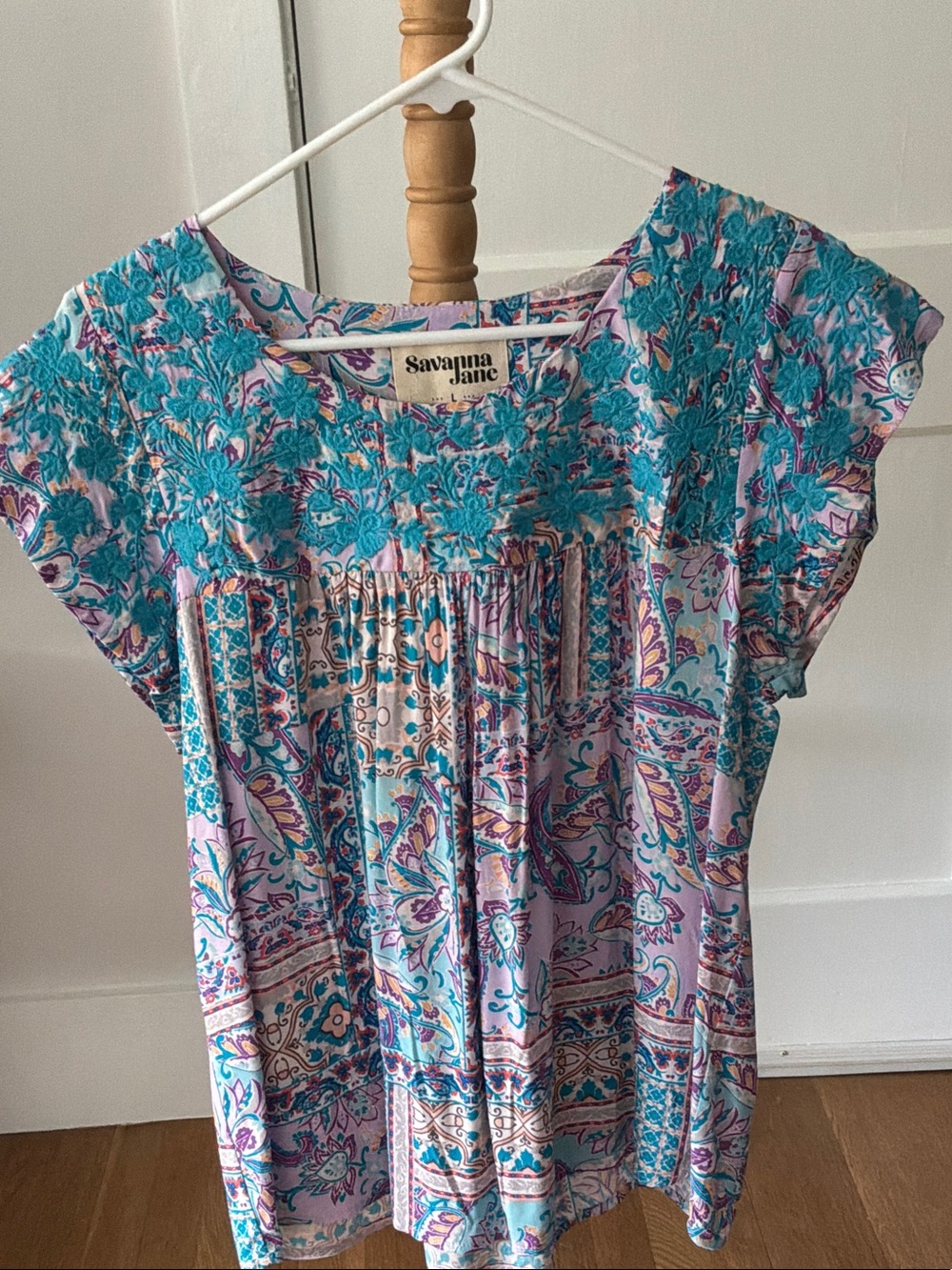 Savanna Jane Teal & Lavender Floral Embroidered Cap-Sleeve Blouse